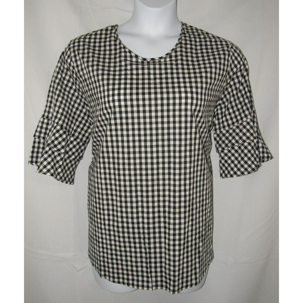 Black & White Gingham Plus Sz 2X Casual Wear Tiered Bell Sleeve Shirt MIRABILIA